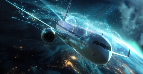 High-tech airplane over a digital Earth, connected by glowing networks. Advanced air travel with global connectivity shown.