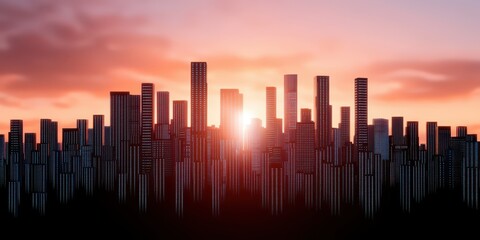 Fototapeta premium A vibrant city skyline with tall buildings is silhouetted against a colorful sunset sky.