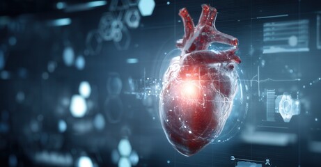 Digital human heart displaying complex data visualizations for medical analysis, representing healthcare technology and innovation.