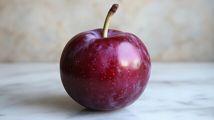 Captivating Close-Up of a Lustrous Red Plum Exhibiting its Natural Beauty and Unique Textural Details