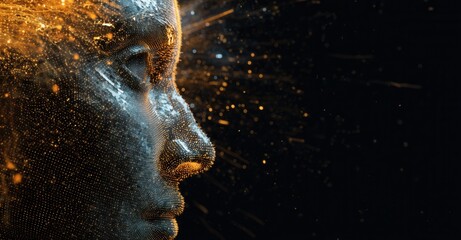 Digital human face with golden particle effects on a dark background, representing futuristic technology or artificial intelligence.