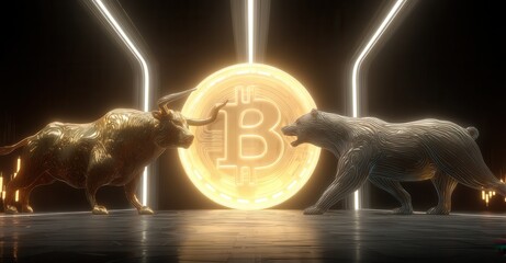Bull and bear facing off with digital currency symbol, representing market trends, competition, and financial analysis concepts.