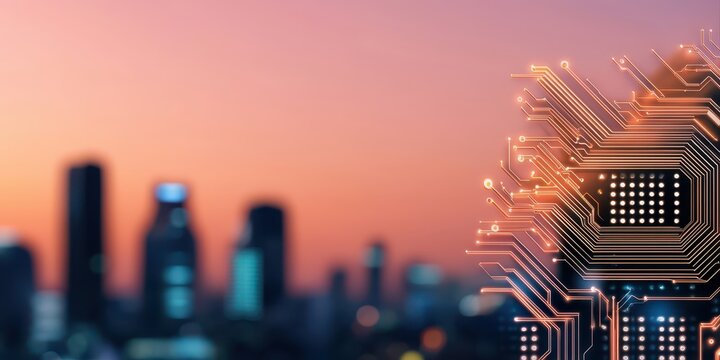 A digital circuit board overlay on a blurred city skyline at sunset, symbolizing technology in urban environments.