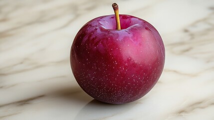 Single Ripe Plum Exhibiting Its Deep Coloration and Round Form, Photographed in Soft Studio Lighting Against a Marble Background