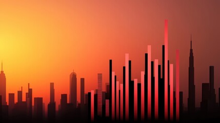 A modern city skyline silhouetted against a vivid orange sunset, featuring tall skyscrapers and a dramatic urban atmosphere.
