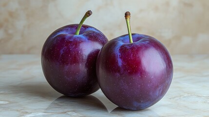 Two Fresh Plums on a Marble Surface Exhibiting Rich Colors and Textural Detail with Natural Stem Accents