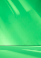 Green background light shadow leaves abstract nature on blur wall cement podium product, studio room floor organic minimal wallpaper backdrop summer tropical platform sale interior empty scene