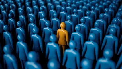Obraz premium A single yellow figure stands out among a crowd of blue figures, concept for diversity, inclusion, and individuality in business presentations