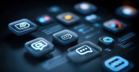 A futuristic, illuminated interface with messaging icons and graphic elements creates a sleek, modern design. Blue glow and blurred background.