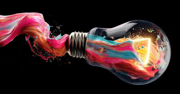 A light bulb is filled with a vibrant mix of colors and a neon triangle, creating an explosive display of artistic energy and creative spark. - Powered by Adobe