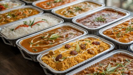 Assorted Indian curries and rice dishes in aluminum containers, concept for catering, restaurant menu, or food delivery service