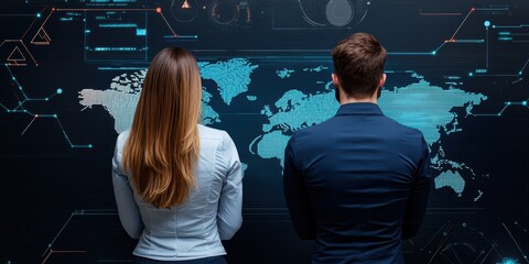 Two professionals analyze a digital world map with futuristic data interfaces displayed on a large screen.