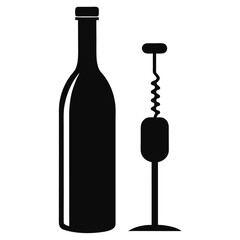 Silhouette of a wine bottle and corkscrew on white background  
Wine bottle and corkscrew silhouette vector illustration  
