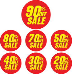 Vector Sale Badges 20%, 30%, 40%, 50%, 70%, 80%, 90% Off Discounts
