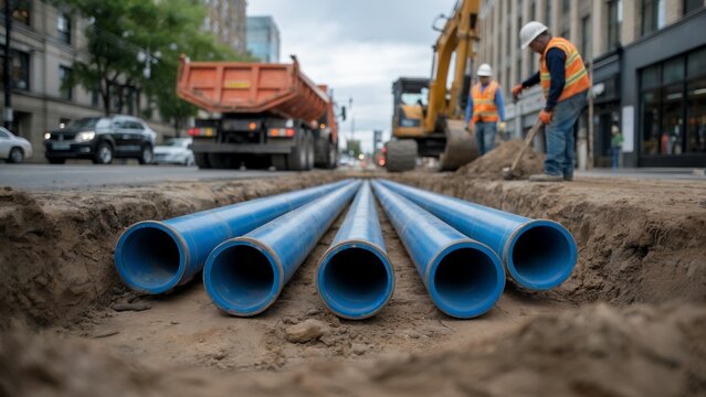 Close-up of blue pipes in a trench during road construction, workers and machinery visible in the background; concept for infrastructure, engineering, and urban development projects