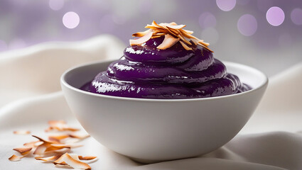 Glossy yam jam with crunchy coconut garnish in minimalist white bowl. Asian-inspired aesthetic with natural lighting. Ideal for healthy dessert content.