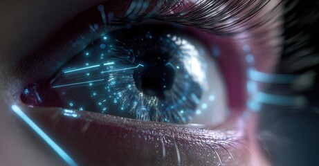 Human eye with glowing digital enhancements, merging biology with technology, conveying futuristic vision and visual augmentation.
