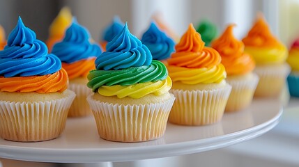 Rainbow Swirled Frosting Cupcakes on White Cake Stand