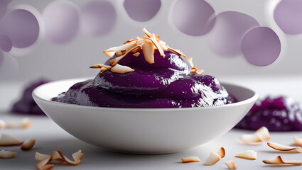 Elegant purple yam dessert in sleek bowl, coconut flakes adding texture. Creamy backdrop with light bokeh accents. Perfect for cookbook photography.