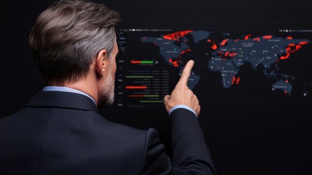 A man in a suit interacts with a digital world map display, analyzing global data and statistics on a dark screen.