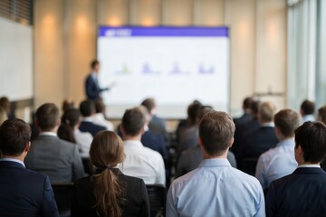 Blurred corporate workers attending a business presentation, conference, seminar or meeting; concept for business presentation and corporate identity