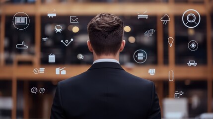 A man in a suit faces floating digital icons, symbolizing technology and business in a modern workspace.