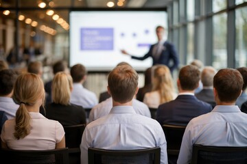Businesspeople attending a presentation, backs of heads visible, concept for corporate meeting, workshop, training