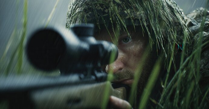 Camouflaged figure aiming a scoped rifle in the rain, blending into the environment with focused intensity and determination. Stealth hunter