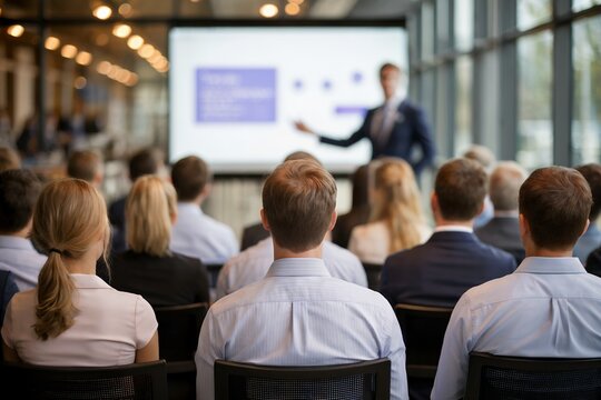 Businesspeople attending a presentation, backs of heads visible, concept for corporate meeting, workshop, training