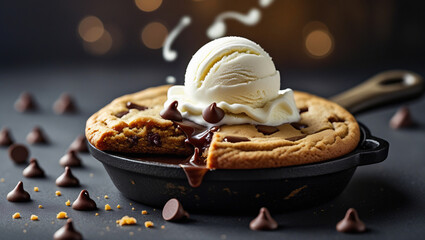 Decadent cookie in mini skillet with oozing chocolate and melting ice cream. Warm bokeh lighting creates cozy dessert vibe. Perfect for recipe books.