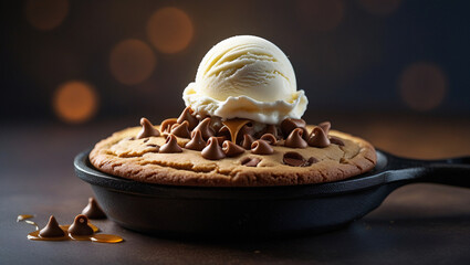 Freshly baked cookie with crispy edges and molten chocolate chips, topped with creamy ice cream. Cinematic lighting on dark backdrop. Ideal for bakery advertising.