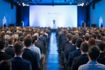 Large group of business people attending a conference, business presentation concept