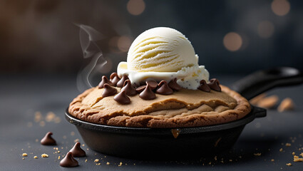 Top view of cookie with cracked surface and glossy chocolate chips, served with melting vanilla ice cream. Moody food photography. Ideal for comfort food content.