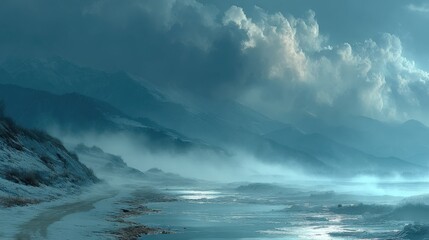 Obraz premium Serene wintry landscape with a narrow dirt path winding through a snow-covered slope, leading to a frozen body of water reflecting soft icy light, mist rising gently from the surface, distant mountain