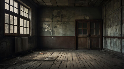 Old abandoned building interior with empty dark room and aged walls