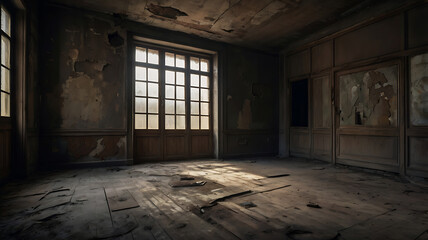 Interior of an old abandoned building with empty hallway and dim light