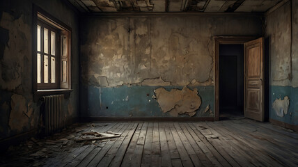 Abandoned, dark room inside an old, grunge house with a window, dirty brick walls, and dim light