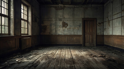 Old abandoned room with wooden floor and dim light through window