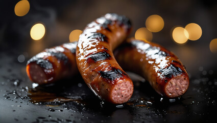 Perfectly charred sausage with blistered, smoky skin. Dark background enhances rich textures. Ideal for artisanal butcher branding.
