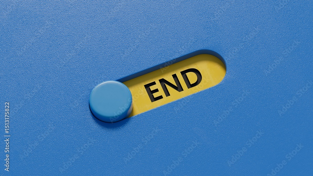 Poster end.slide switch spelling.Flat lay view from above on slide switch buttons.IT technology concept.3D rendering on blue background.