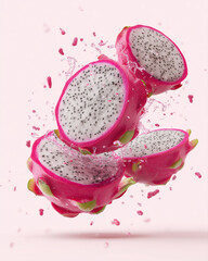 Fresh dragon fruit slices splash in water, showcasing vibrant pink skin, white flesh, and black seeds, creating refreshing and energetic tropical fruit scene