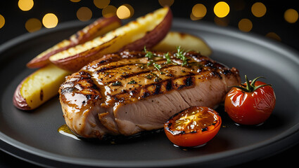 Juicy grilled chicken steak with herb glaze and golden sear. Thick potato wedges and blistered tomato accompany. Dark refined background. Perfect for steakhouse menus.