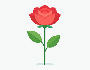 Obraz premium A simplified red rose illustration with green leaves and stem against a white background with a subtle drop shadow