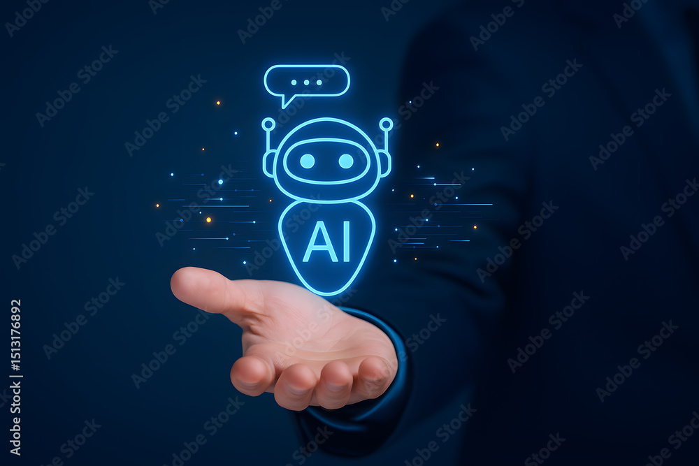 Poster human hand holding ai chatbot interface representing personal digital assistant and artificial intel