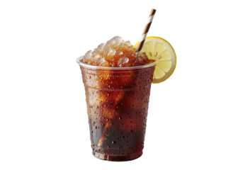 Refreshing cola with crushed ice and lemon in a takeaway cup