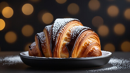 Golden croissant with powdered sugar and chocolate. Soft lighting enhances rich layers. Perfect for café menu visuals.