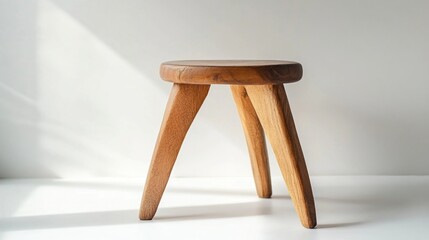 Wooden stool with three legs on white background, minimalist and rustic design