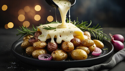 Melted raclette cheese poured over roasted baby potatoes on a rustic black plate. Rosemary and pickled onions garnish. Golden bokeh backdrop. Perfect for winter comfort food menus.
