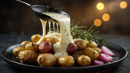 Tasty raclette dish with melted cheese and potatoes. Dark plate contrasts gooey texture. Ideal for winter restaurant branding.