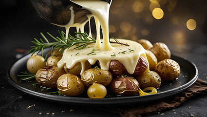 Indulgent raclette covered potatoes with crispy skins. Moody background enhances alpine vibe. Ideal for cheese-focused promotions.